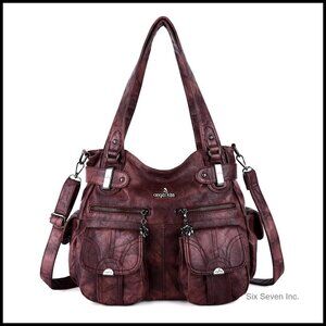Large Double Zipper Tote Purse Multi Pocket Washed Leather Designer Handbag